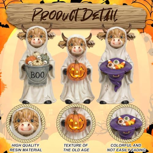 3 Pcs Halloween Highland Cow Figurines, Ghost with Pumpkin Decor