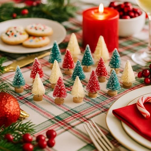Sumind 48 Pcs 1.78 Inch Mini Bottle Brush Christmas Trees Green Red Yellow