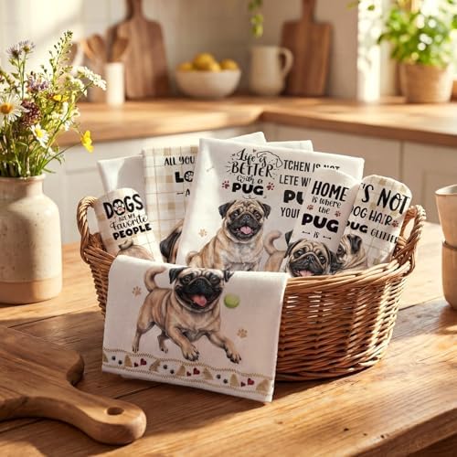 Redbaker 6 Pcs Pug Kitchen Towels Puppy Dish Towel Gifts for Pug Lovers