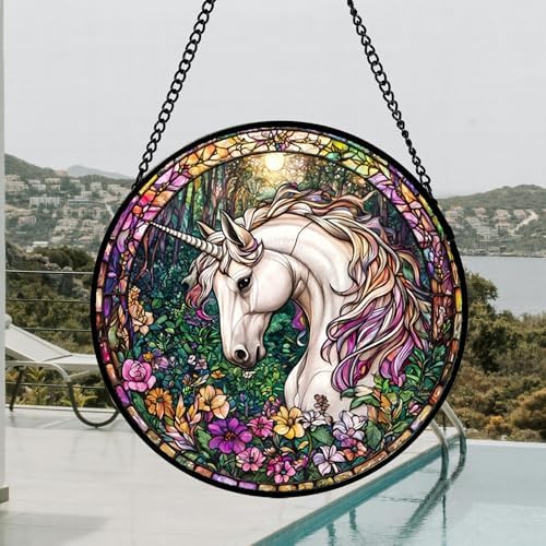 Unicorn in Flower Forest Stained Glass Window Hanging Suncatcher Gift 15"
