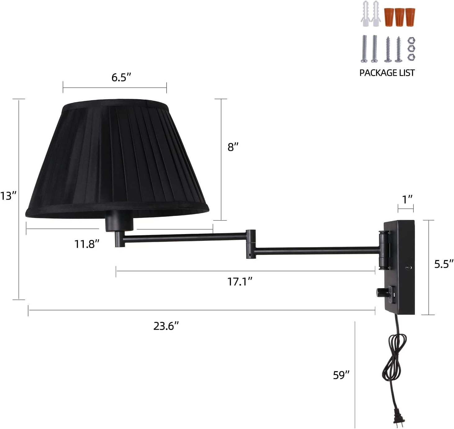 17" Swing Arm Wall Lamp USB & AC Outlet, Dimmable, Black | Adjustable Swing Arm Rotary dimmer sets Plug-in bedside