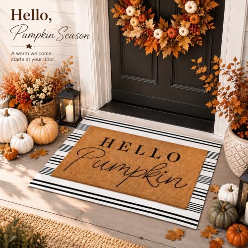 Tinideya 2 Pcs Hello Pumpkin Layered Doormat Set with Stripe Rug