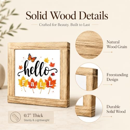 Fall Wood Sign, Hello Fall Maple Leaf Butterfly Tabletop Decor