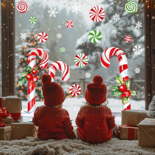Whaline 13.8 x 35.4'' Extra Large Christmas Window Clings Red Green Candy Cane Holly Berry Window Stickers Double Sided Glass Decals for Winter Xmas Home Classroom Office Party Decoration, 3 Sheets