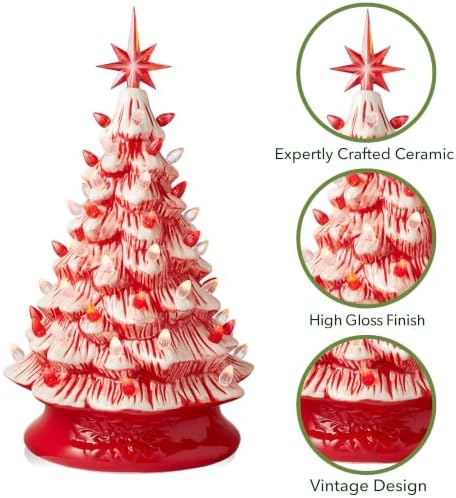 Casafield Hand Painted Ceramic Christmas Tree, Red and White Peppermint 15-Inch Pre-Lit Tree with 128 Red and Clear Lights, 2 Star Toppers