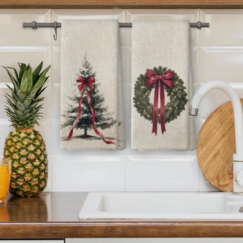 Red Bow Christmas Wreath Tree Kitchen Dish Towels 16x24, Set of 2