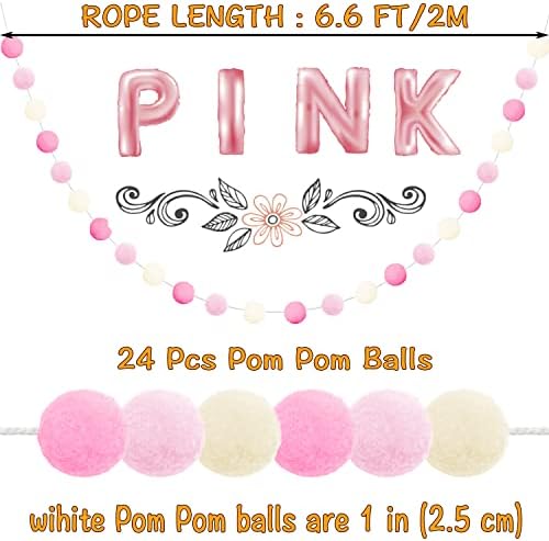 Jishi 3-Pack Pom Pom Garland Pink Felt Ball Ornament Garland Christmas Decorations, Cute Pompom Strings for Christmas Tree Decor, Xmas Holiday Party, Birthday Banner - 6.6 Feet Long, 24 Balls 25mm
