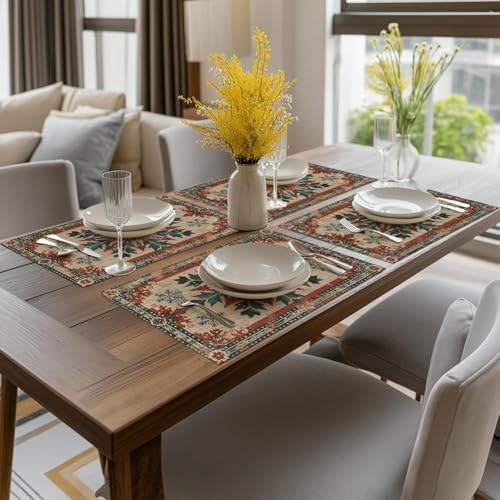 Artoid Mode Snowflakes Ethnic Boho Christmas Placemats Set of 4, Washable Heat Resistant Non-Slip Plastic PVC Place Mats for Farmhouse Holiday Party Dining Decor