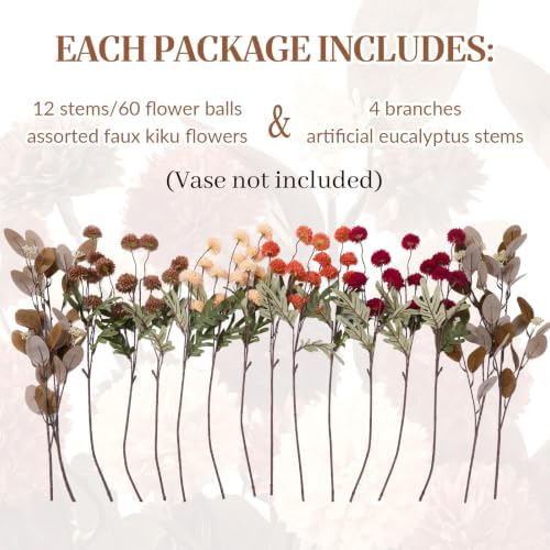 Alupssuc 16 PCS Silk Mums Artificial Fall Flowers with Eucalyptus for Vase