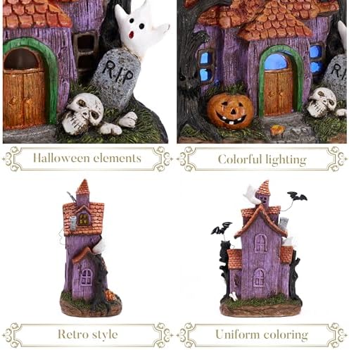 Valery Madelyn Halloween Decorations, Lighted Halloween Village Houses with LED Lights, Resin Spooky Town Happy Haunted House for Home and Party Table Desk Mantel, 12 Inch