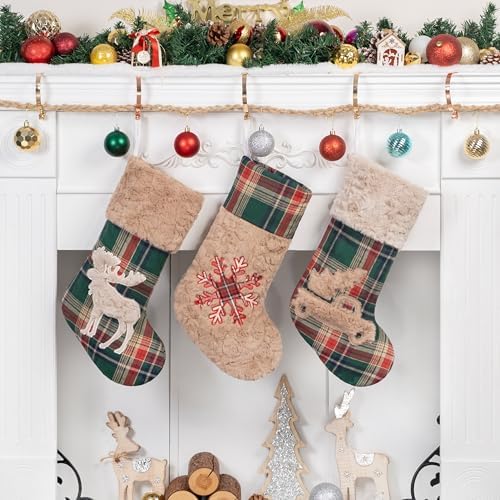 LUBOT New 3 Pack Christmas Stocking 20" Red Green Plush Plaid Mix and Match Classic Rustic Farmhouse Country Cotton Fireplace Hanging Xmas Stockings Decorations for Family Holiday Season Decor
