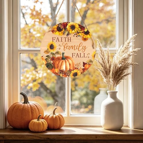 Faith Family Fall Front Door Sign Fall Sunflower Pumpkin Door Decorations Wood Sign Autumn Harvest Wreath Door Hanger Farmhouse Fall Plaques Wall Hanging Decoration for Home Proch Yard 12"x12"