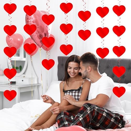Red Heart Hanging Swirls, 24Pcs Foil Love Heart Ceiling Streamer for Valentines Galentines Decorations Bridal Shower Engagement Wedding Party Suppies