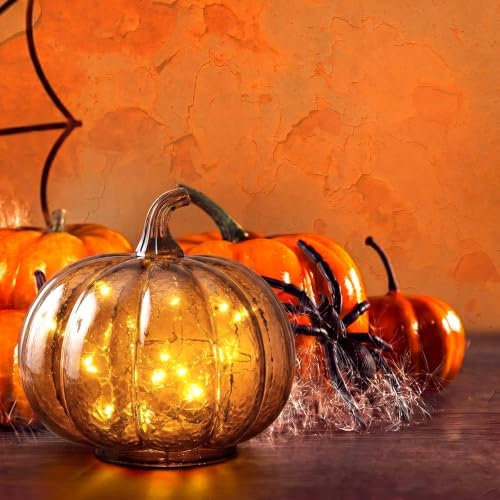 Glooglitter Mercury Glass Pumpkin Light LED Fall Lamp, Round, Amber, Small