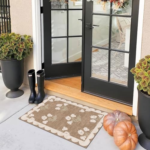 Front Door Mat Outside Entrance - 2x3 Floral Non-Slip Washable Doormat Indoor Outdoor Mat Tan Neutral Farmhouse