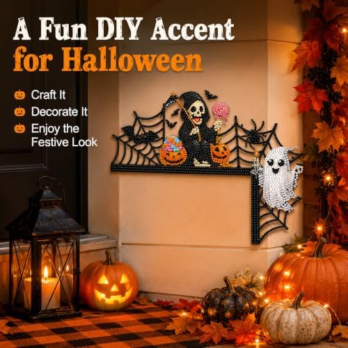 DIY Halloween Witch Pumpkin Diamond Art Wooden Door Corner Decoration, Halloween Frame Sign Kit, Creative Wall Art Mosaic Frame Sign for Home Decor & Gifts