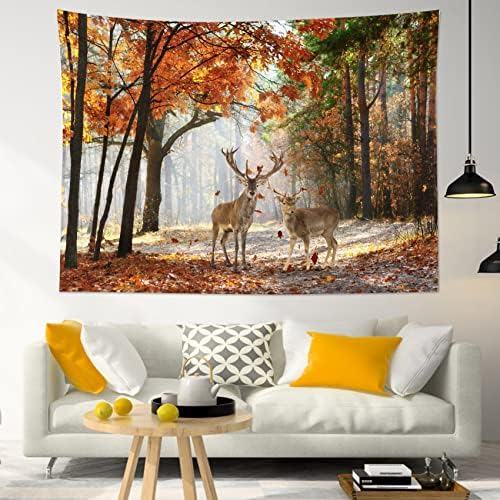 HVEST Fall Tapestry Deer in Orange Maple Tree Forest Wall Art for Bedroom Autumn Nature Landscape Wall Hanging Blanket Holiday Tapestry for Living Room Dorm Wall Decor, 59W x 51L inches