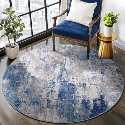 RELEANY Washable Round 8ft Area Rug for Living Room Blue Gray