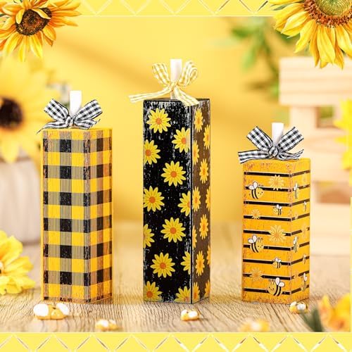 Redbaker 3 Pcs Sunflower Bee Table Decor, Wood Sunflower Tiered Tray Decor