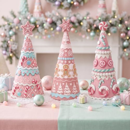 Simgoing 3 Pcs Pink Gingerbread Christmas Tree Figurines Pastel Table Decor