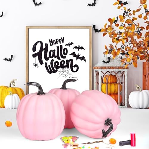 Artmag 6 Inch Large Artificial Pink Pumpkins, 4PCS Faux Foam Harvest Pumpkins for Fall Autumn Thanksgiving Seasonal Holiday Decor