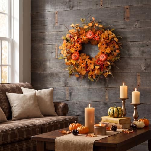 Artificial Fall Wreath 22 Inch Fall Wreaths for Front Door with Orange Pumpkins Berries Daisies Eucalyptus Leaves Autumn Door Wreaths for Thanksgiving Harvest Festival Wall Porch Farmhouse