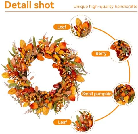 Pinkpum 22" Fall Wreath for Front Door Pumpkin Artificial Wall Decor Autumn
