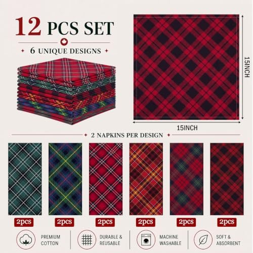 Mixweer 24 Pack Christmas Cloth Napkins Bulk, 15 x 15 Inch Square