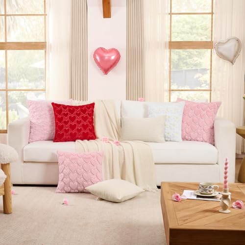 Softalker Spring Summer Throw Pillow Covers 18 x 18 Inch Set of 2, Farmhouse Decorative Floral Daisy Soft Faux Fur Cushion Covers, 3D Pillow Cases for Couch Bedroom Living Sofa Room Home Decor, Pink