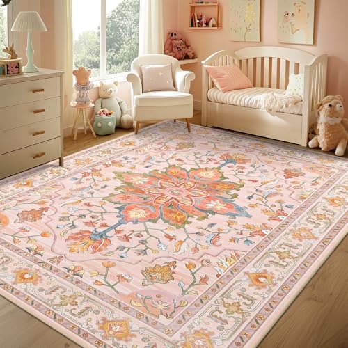 RELEANY Washable Area Rug, 8'x10', Pink/Light Pink/Colorful