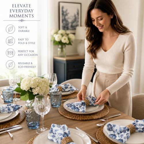 Taran Living Premium Cotton Cloth Napkins Set of 4, 18x18 Inch Reusable Dinner Napkins, Soft Washable Oversized Fabric Napkins for Dining Table, Weddings, Parties & Everyday Use, Blue Floral