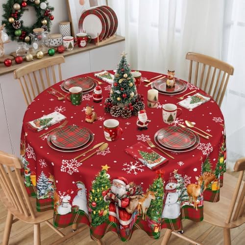 Christmas Tablecloth 60 Inch, Santa Claus & Snowman Water Resistant Round Table Cover, Farmhouse Winter Holiday Table Decor for Xmas Dinner Party Kitchen Home