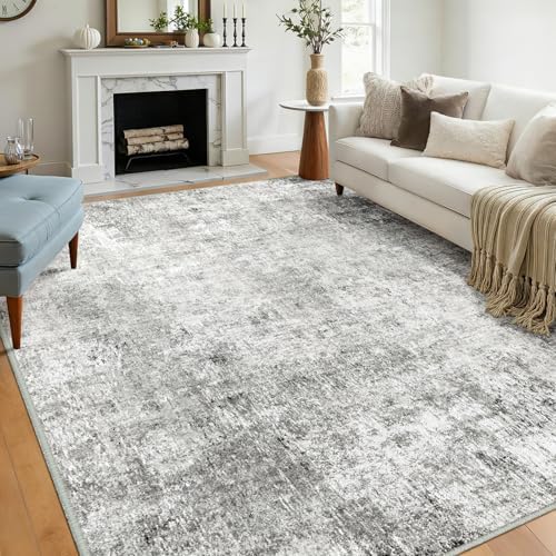 RELEANY Washable 9'x12' Abstract Area Rug for Living Room Gray White