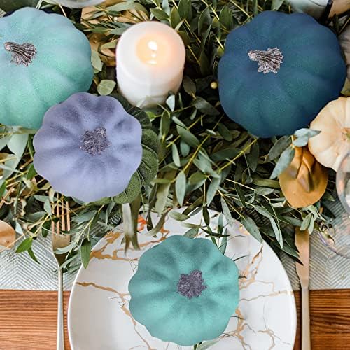 12 Pcs Assorted Small Rustic Harvest Artificial Pumpkins Decorative Pumpkins Foam Pumpkins in Green Blue Gray for Fall Autumn Halloween Thanksgiving Table Centerpiece Mantel Shelf Kitchen Decor