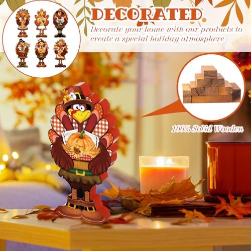 DoubleFill 6 Pcs Thanksgiving Turkey Decorations Wooden Turkey Table Centerpieces Fall Tiered Tray Decor Thanksgiving Standing Wooden Block Signs for Home Kitchen Tabletop Shelf Autumn Harvest Party
