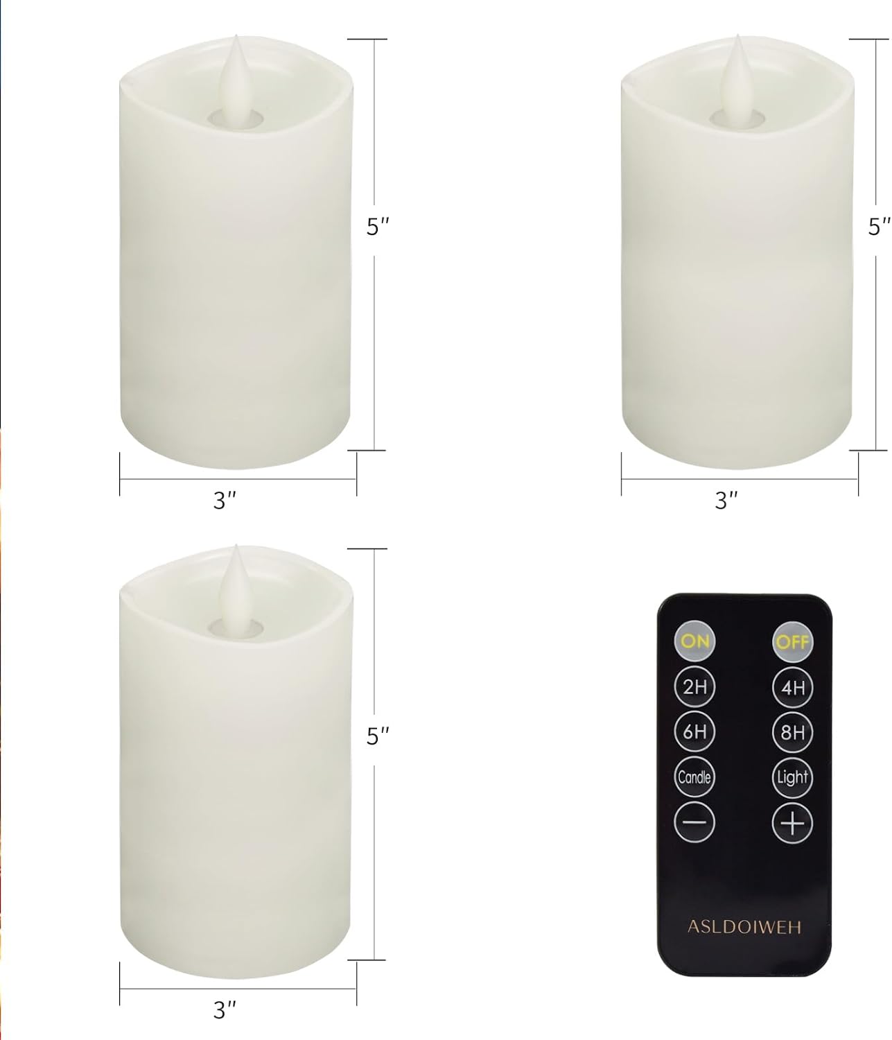 3" x 5" White Flameless Candles Set of 3, 2AA Battery Life 600 Hours Battery Candles Flickering with Timer, 5 inch
