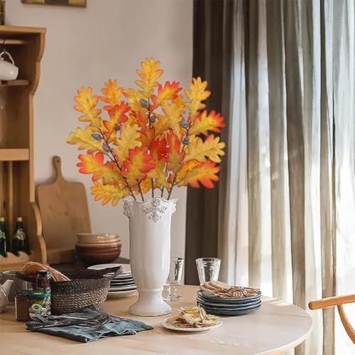 5 Pcs Fake Fall Oak Leaves Stems 19.6” Artificial Autumn Foliage Branches