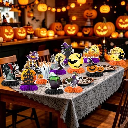 12Pcs Halloween Party Decorations Halloween Honeycomb Centerpieces for Table Double Side Spooky Witches Pumpkins Ghosts Table Centerpieces for Halloween Party Home Indoor Office Supplies Decorations