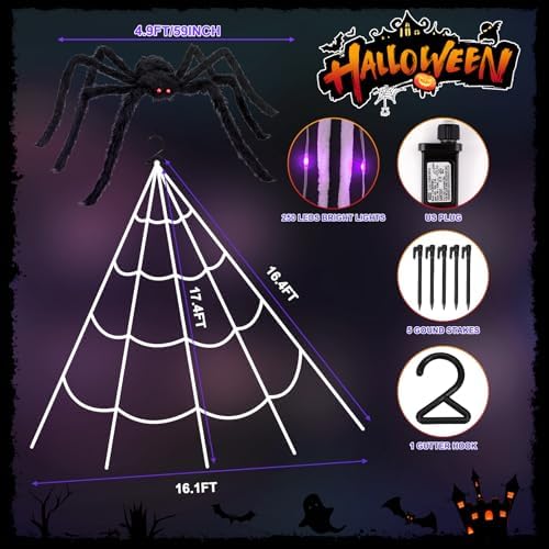 Halloween Decorations 16.4Ft Spider Web with LED Lights & 59" Giant Spider