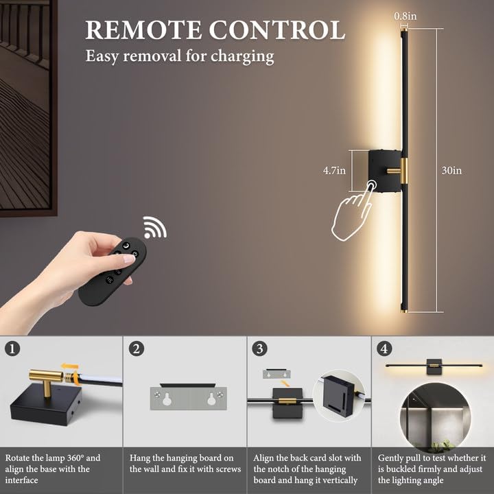 SAIMAND Battery Operated Wall Sconces Set of 2, Wireless Lights with Remote | USB Rechargeable Picture Lamp, 360°