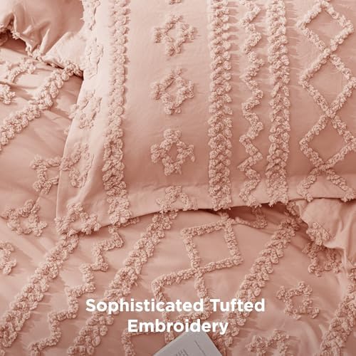 Bedsure Tufted Boho Comforter Set Queen Size - Light Pink Boho Bed Set, GentleSoft™ 3 Pieces Farmhouse-Style Embroidery