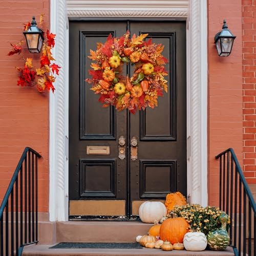 Sggvecsy Fall Wreath 23’’ Artificial Autumn Front Door Wreath with Large Pumpkins Clusters of Berries Maple Leaves Acorn for Outside Indoor Wall Window Festival Thanksgiving Harvest Fall Decor