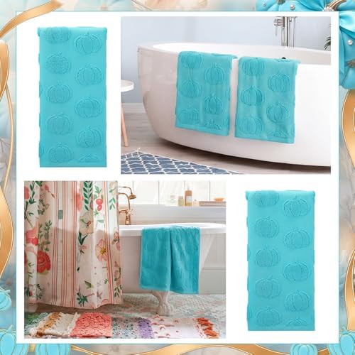 Mindsoft 2 Pcs Fall Hand Towels 3D Pumpkin Jacquard,Teal