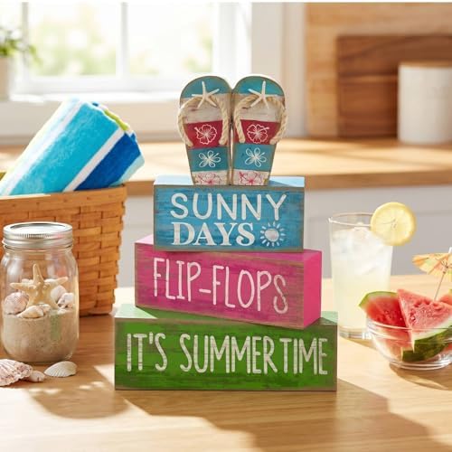Lineshading 4 Pcs Flip Flop Beach Summer Wooden Block Signs Table Decor