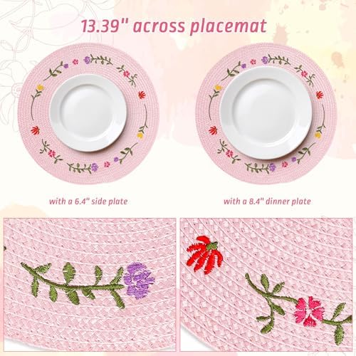 Whaline 4Pcs Spring Flower Embroidered Placemats Round Place Mats Pink Floral Dinner Table Mats for Home Holiday Wedding Bridal Baby Shower Birthday Party Decor
