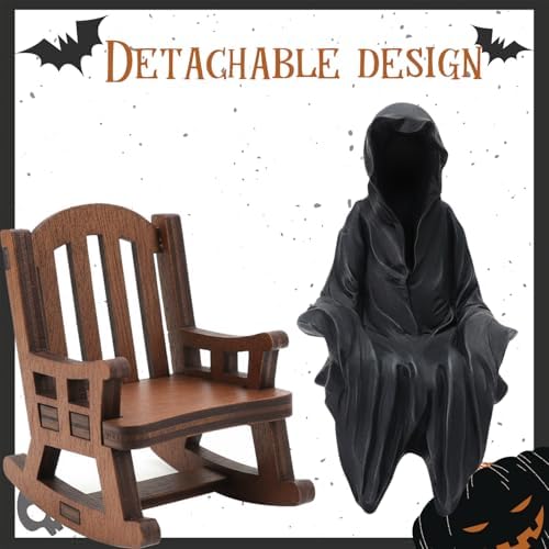 Grim Reaper Statue on Rocking Chair, Cute Miniature The Suriel Decor for Bookshelf, Spooky Goth Decor Home Shelf Sitter Figurine, Funny Resin Knick Knacks for Desk & Office (Black)
