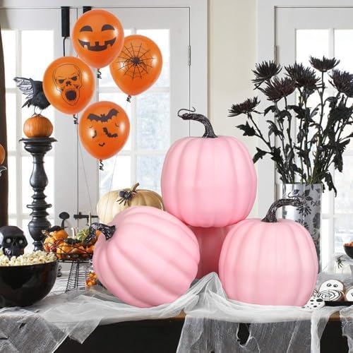 Artmag 6 Inch Large Artificial Pink Pumpkins, 4PCS Faux Foam Harvest Pumpkins for Fall Autumn Thanksgiving Seasonal Holiday Decor