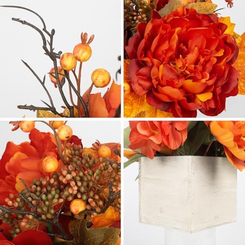 DILATATA Fall Decor Autumn Harvest Floral Centerpiece with Artificial Peony Maple Leaf and Berries Arrangement for Thanksgiving Party Mantel Fall Decor