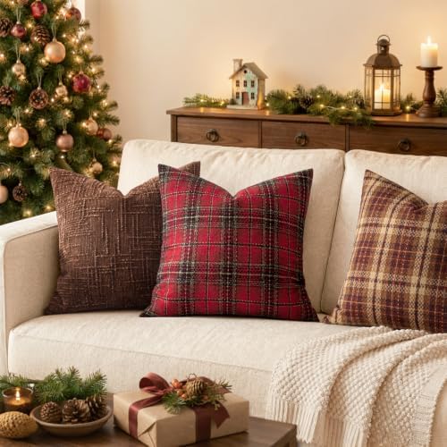 MIULEE Tartan Plaid Throw Pillow Covers Christmas 18x18 Inch Red