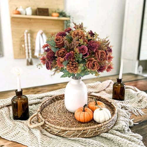 4 Pcs Fall Flowers Artificial Decoration, Silk Fall Bouquet Burgundy Orange